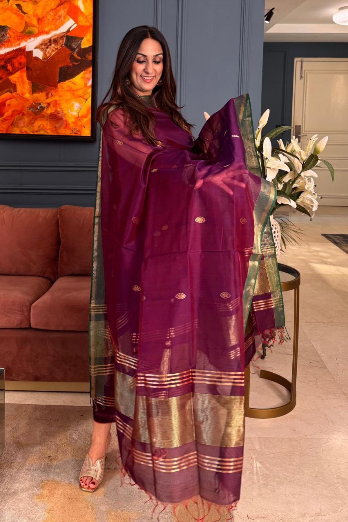 Handwoven Maheshwari silk kurta dupatta set